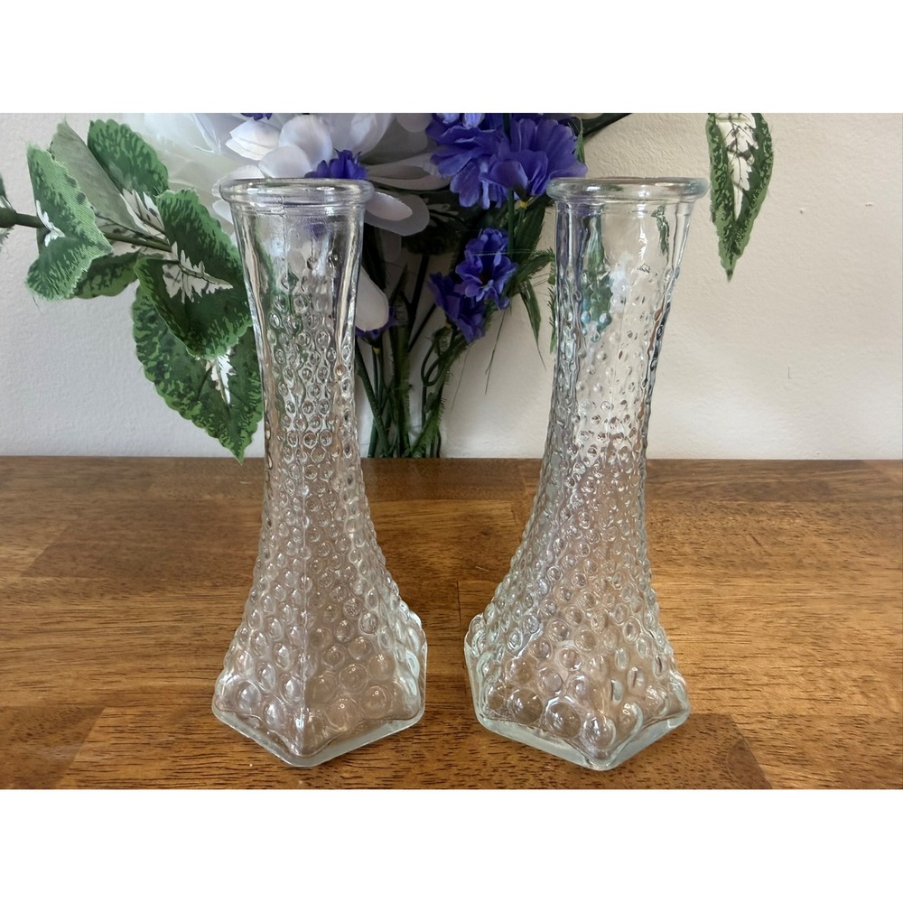 Vintage Hobnail Clear Glass Bud Vases‎ Hexagon Base by L.E. Smith
